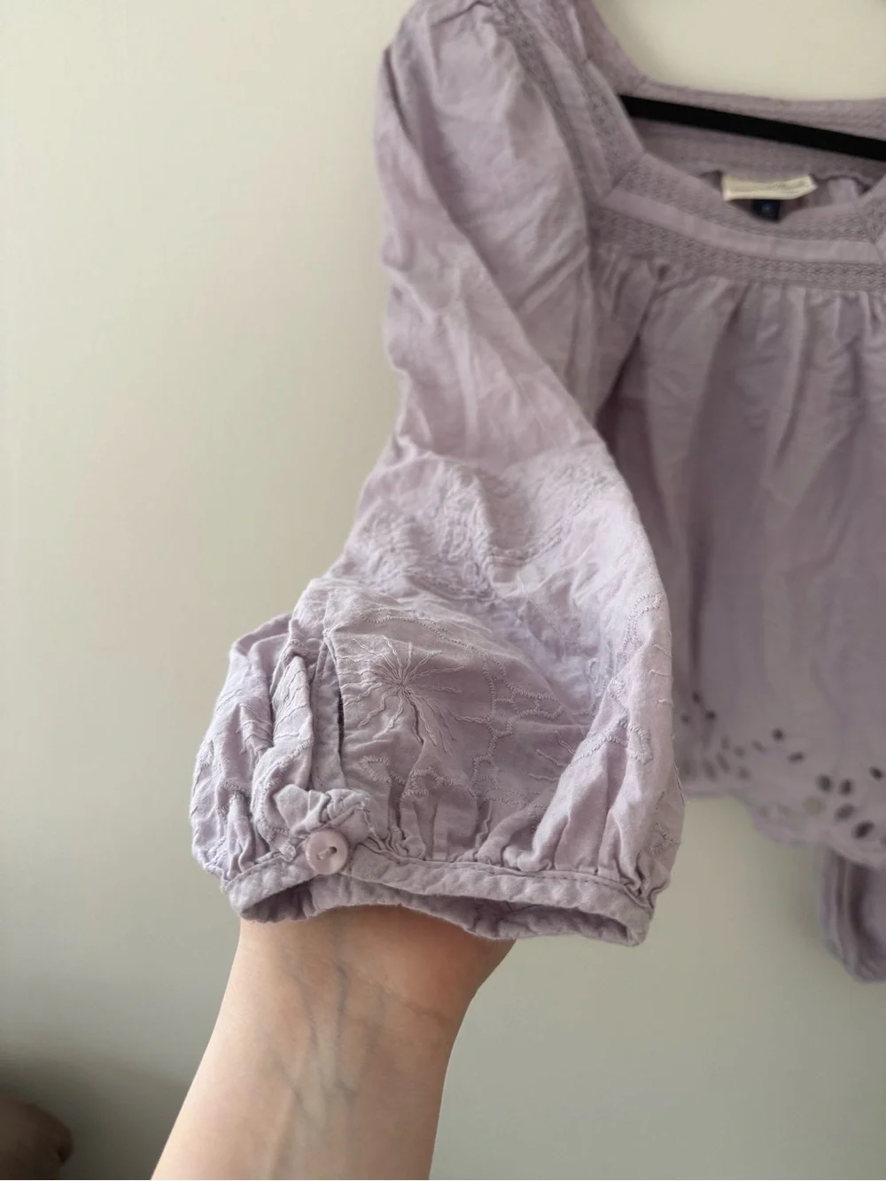 Pastel Purple Bishop Sleeve Blouse Cottagecore Prairie Square Neck Eyelet XS - Picture 7 of 13
